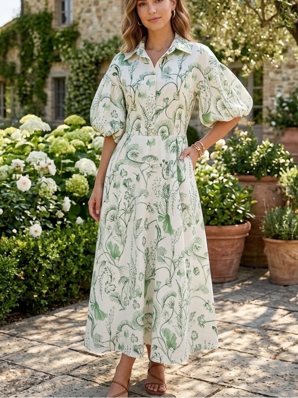 Floral Print Green and White Loose Flare Dress size 4